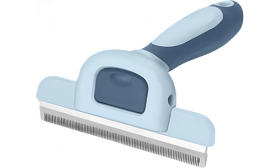 Peine deslanador para gatos con mango ergonómico gris y azul y hoja de acero inoxidable, apto para todos los gatos.