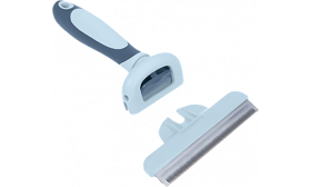 Hoja de acero inoxidable desmontable del peine deslanador para gatos gris y azul, con agarre ergonómico.